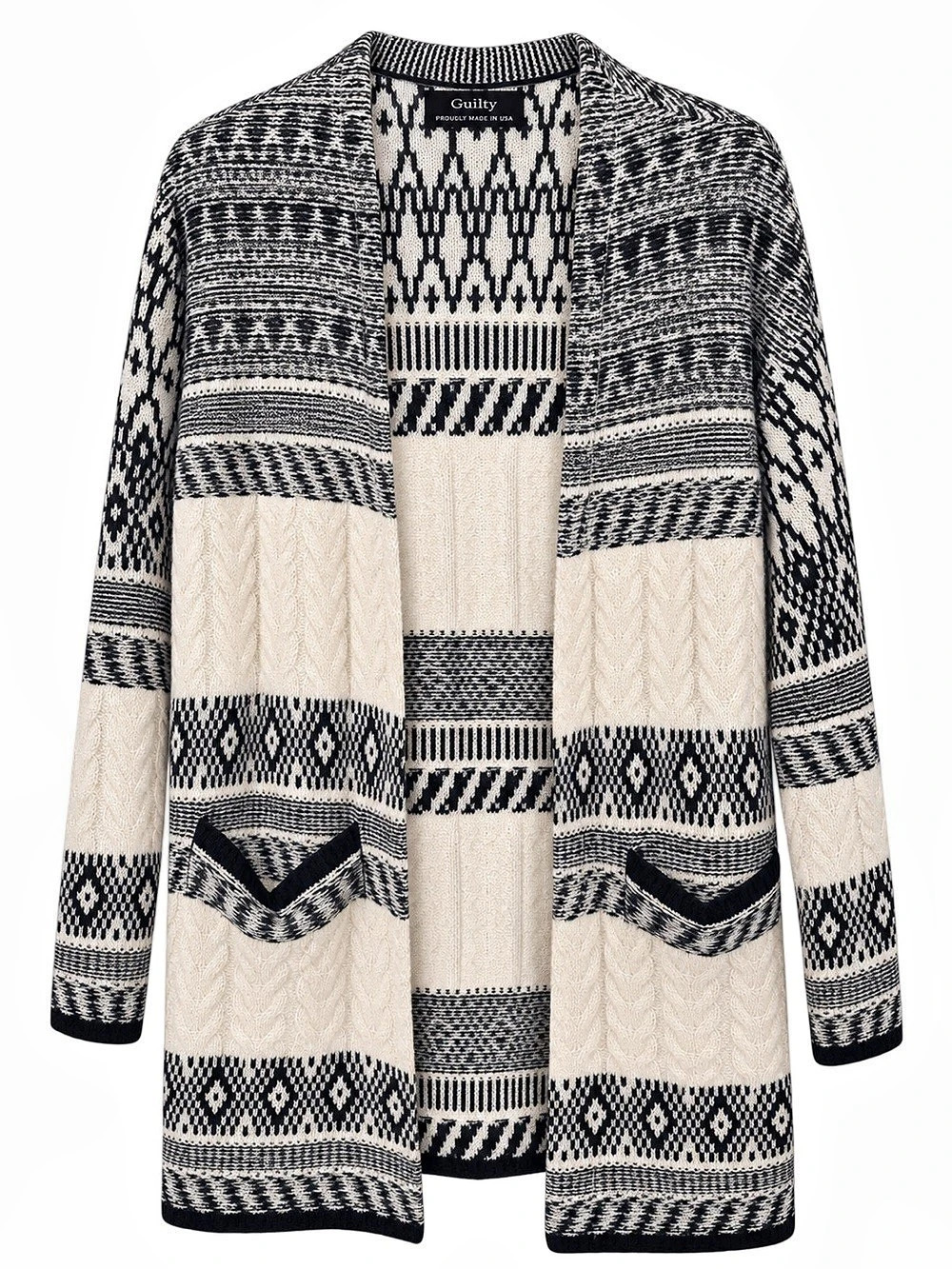 Guilty Women’s Small Black Cream Fair Isle Cable Knit Long Cardigan Like New